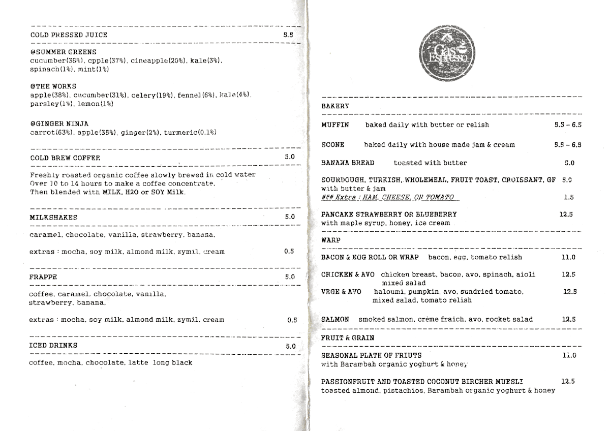Menu, Gas Espresso Sherwood