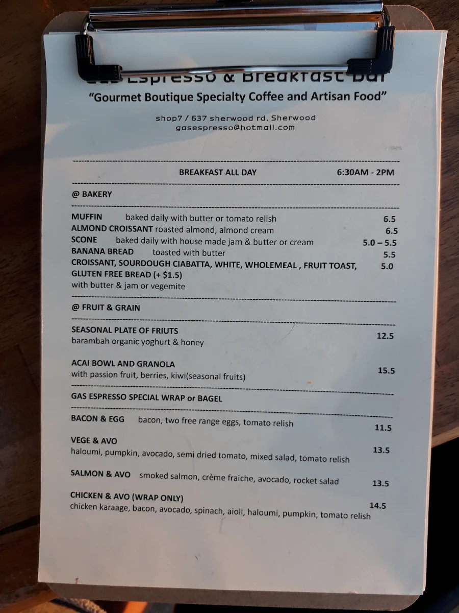 Menu, Gas Espresso Sherwood