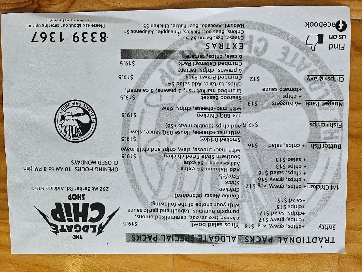 Menu, The Aldgate Chip Shop