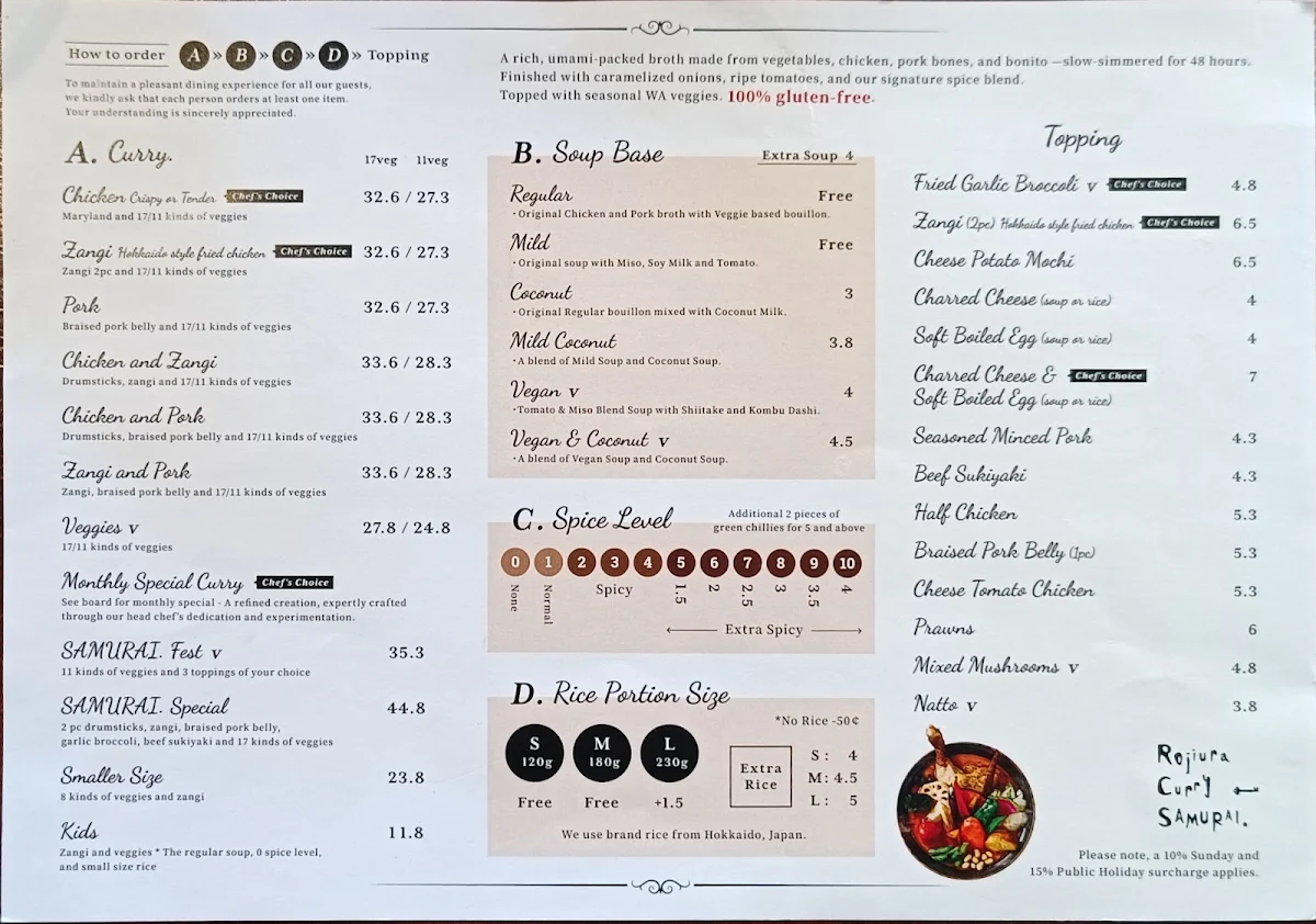 Menu, Rojiura Curry SAMURAI. Perth