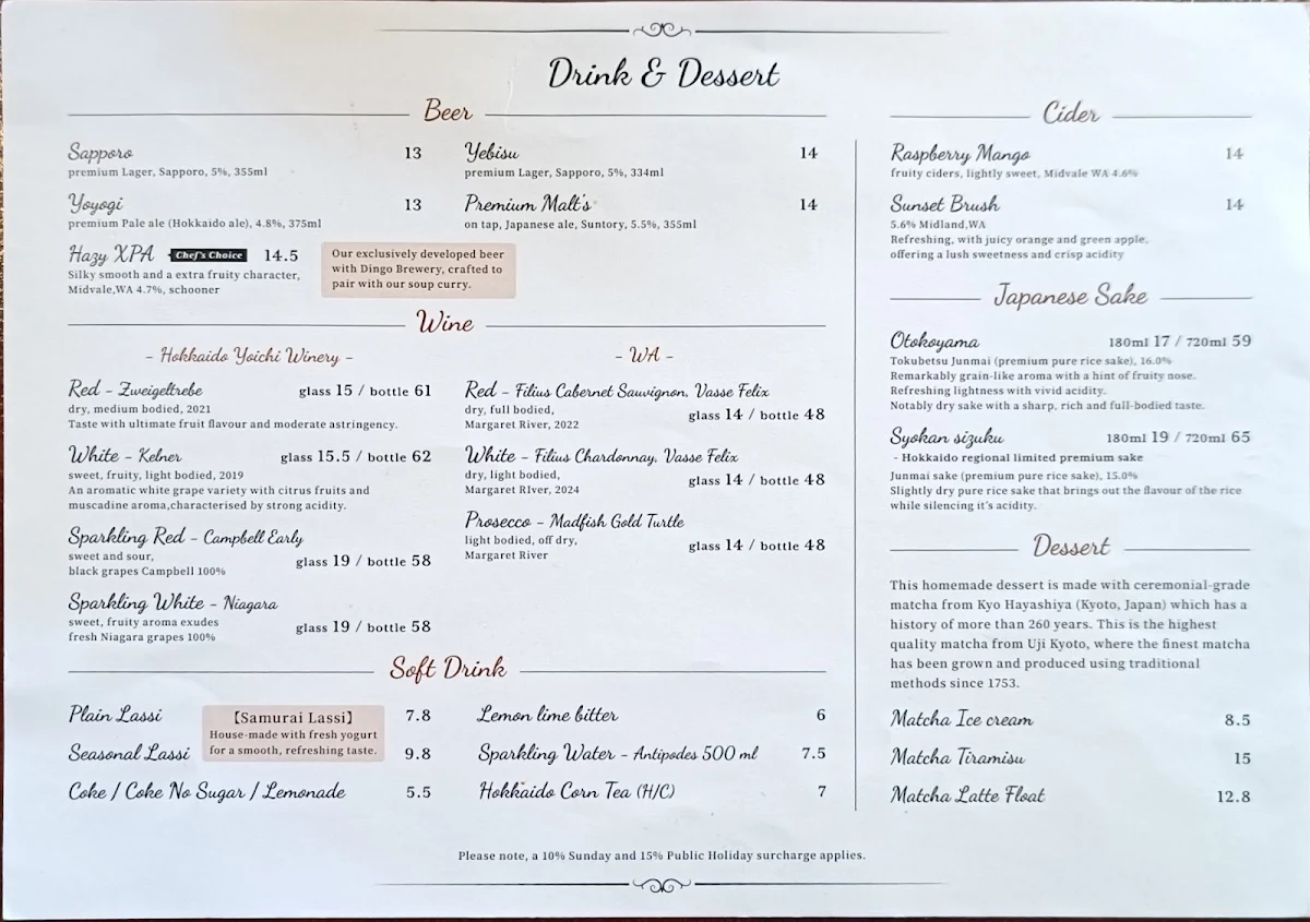 Menu, Rojiura Curry SAMURAI. Perth