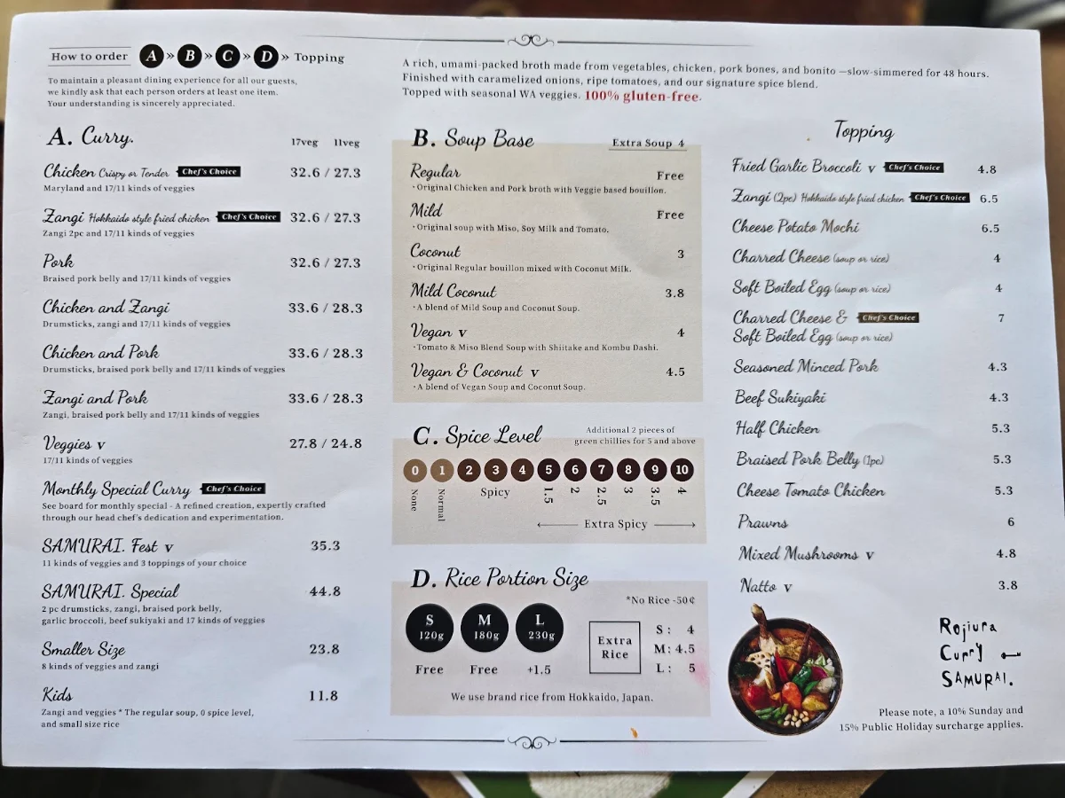 Menu, Rojiura Curry SAMURAI. Perth