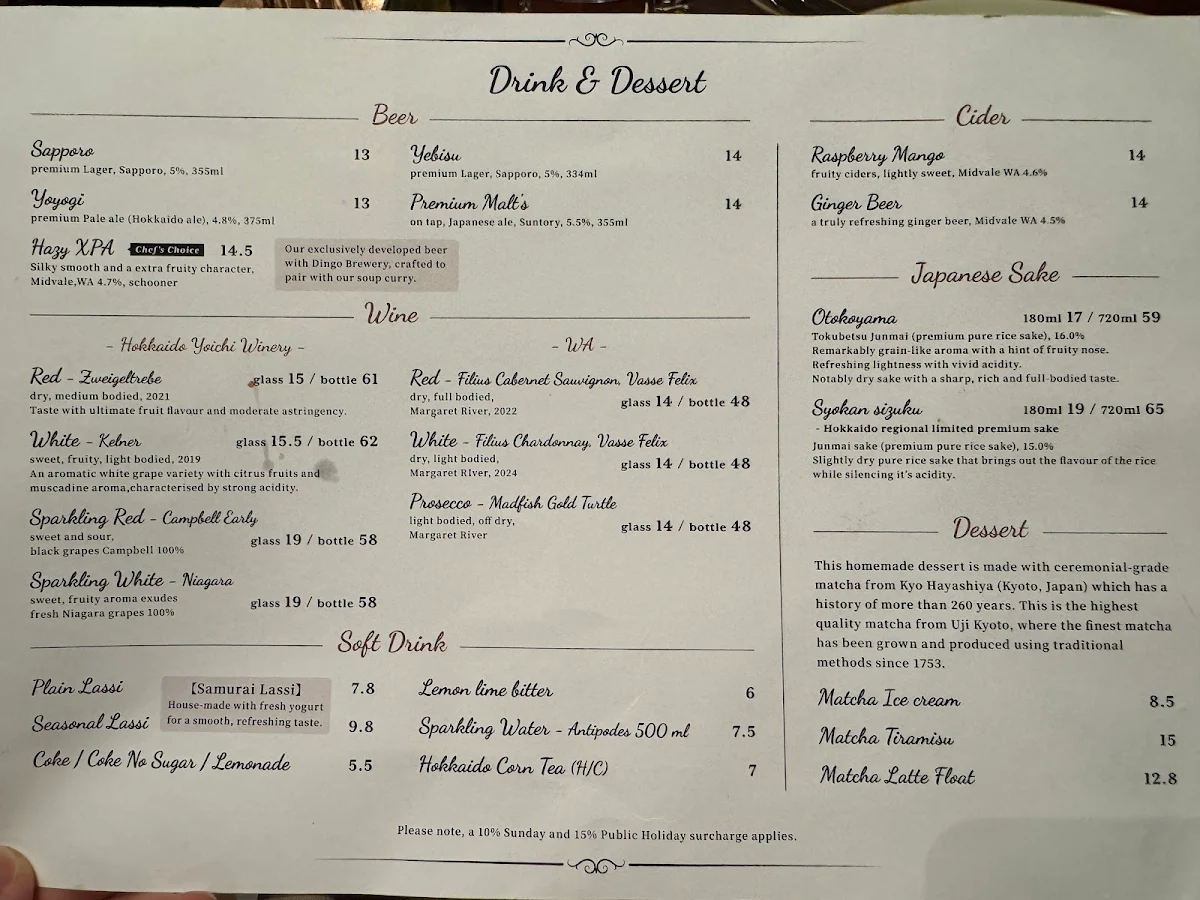 Menu, Rojiura Curry SAMURAI. Perth