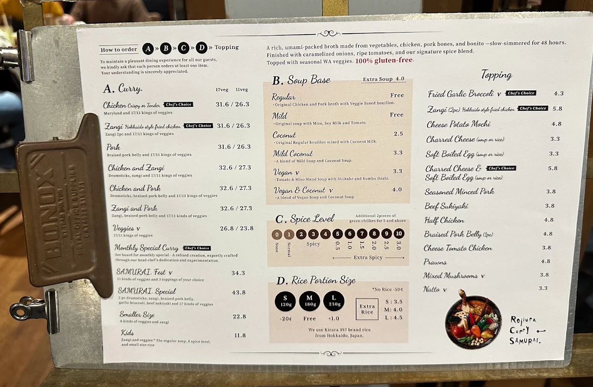 Menu, Rojiura Curry SAMURAI. Perth