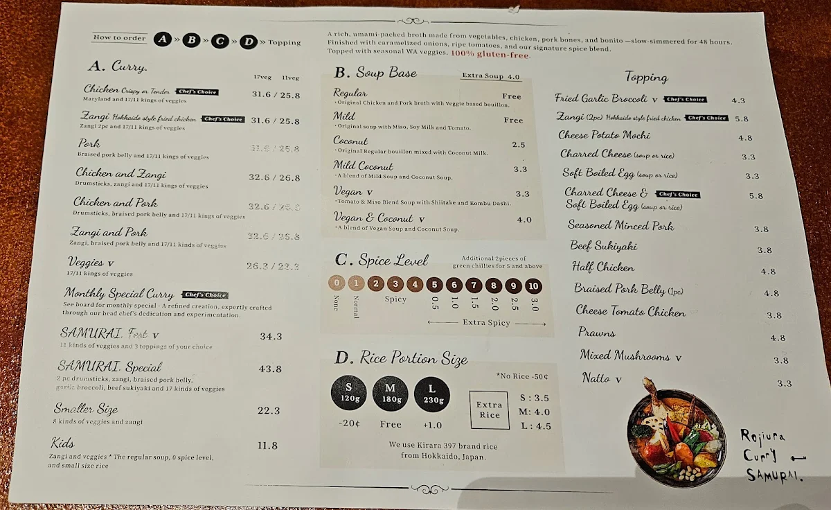 Menu, Rojiura Curry SAMURAI. Perth