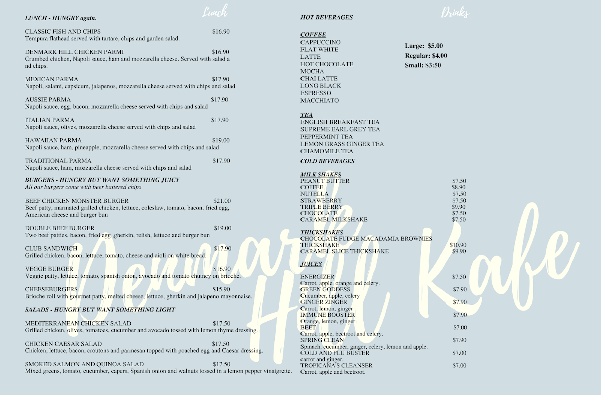 Menu, Denmark Hill Kafe