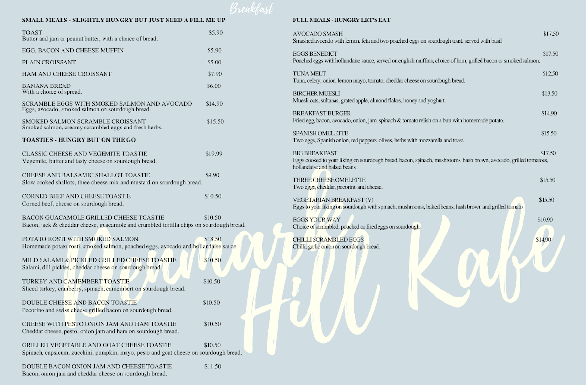 Menu, Denmark Hill Kafe
