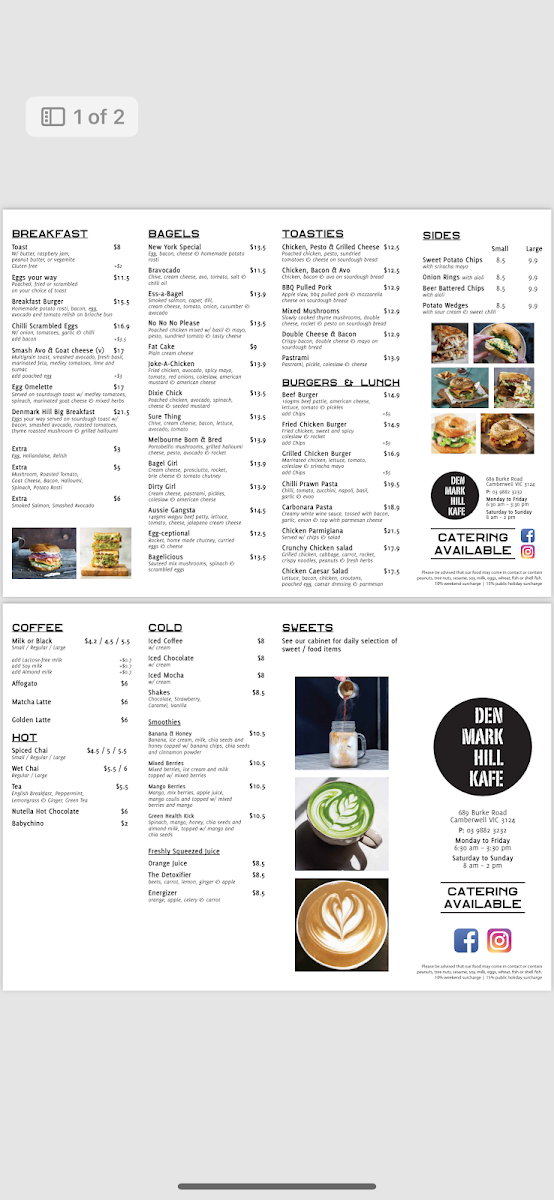 Menu, Denmark Hill Kafe