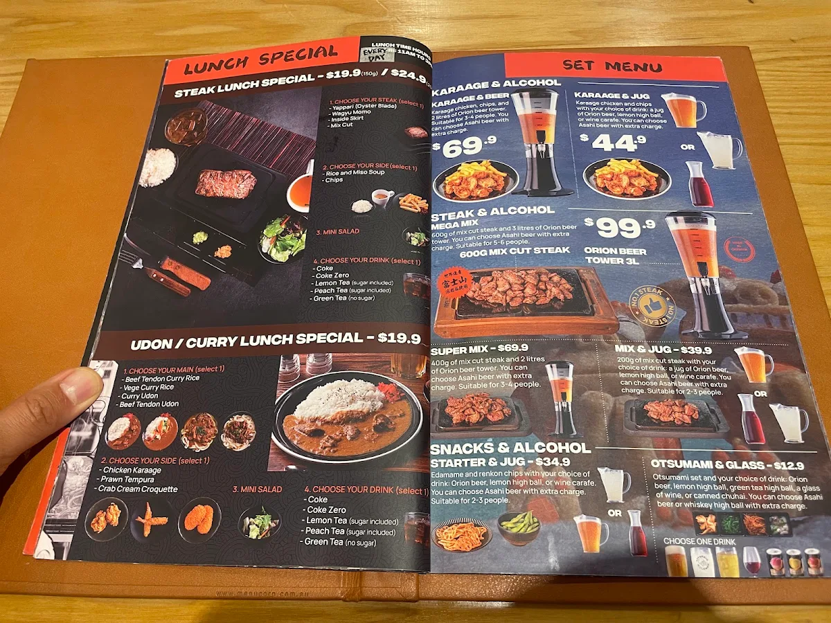 Menu, Yappari Steak Swanston Melbourne