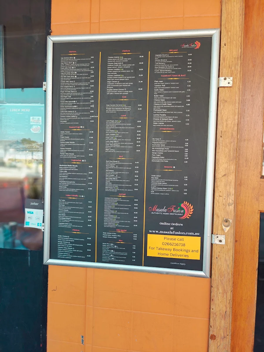 Menu, Masala Fusion Indian Restaurant Lismore