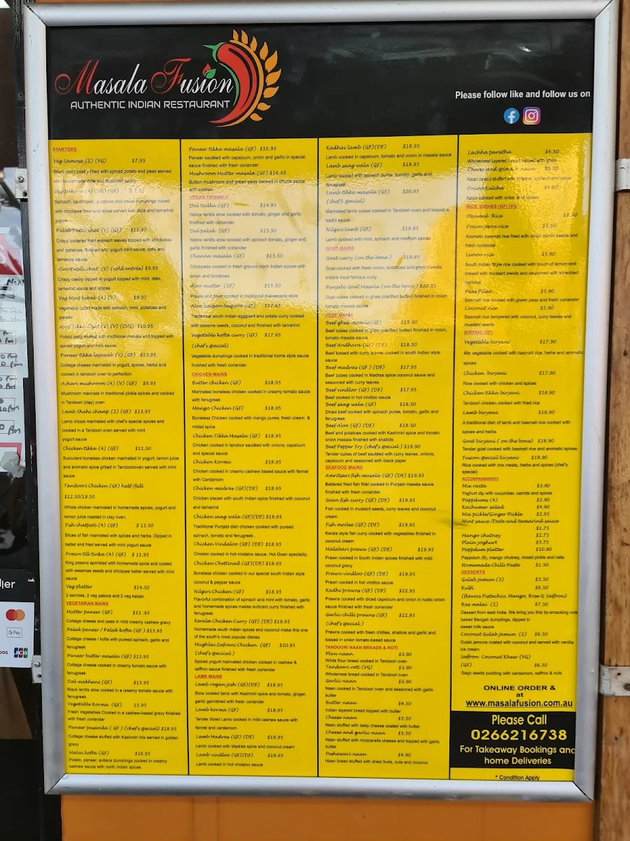 Menu, Masala Fusion Indian Restaurant Lismore