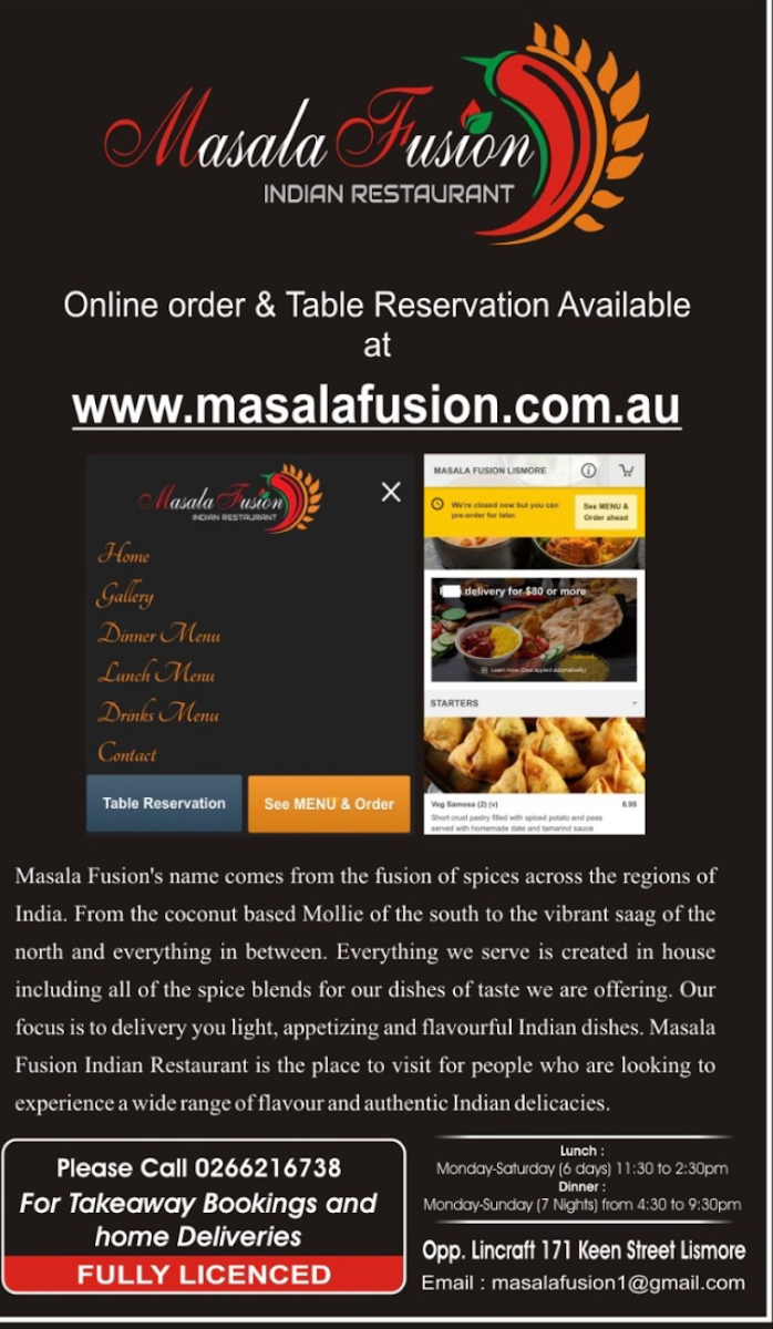 Menu, Masala Fusion Indian Restaurant Lismore