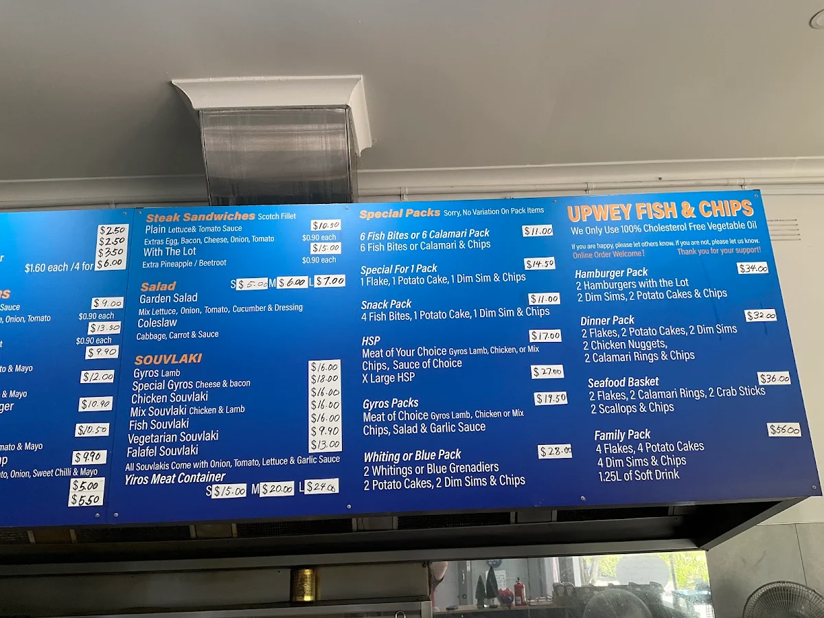 Menu, Upwey Fish & Chips