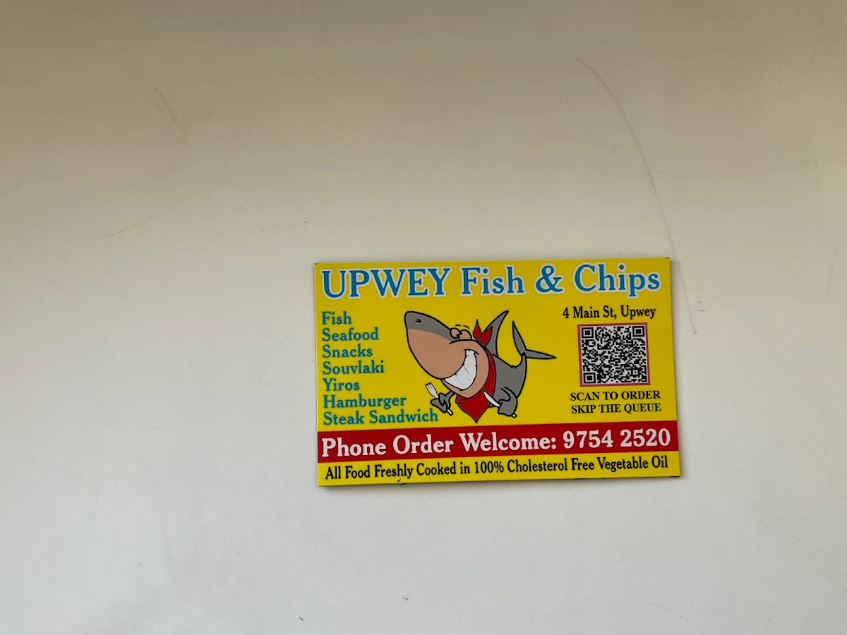 Menu, Upwey Fish & Chips