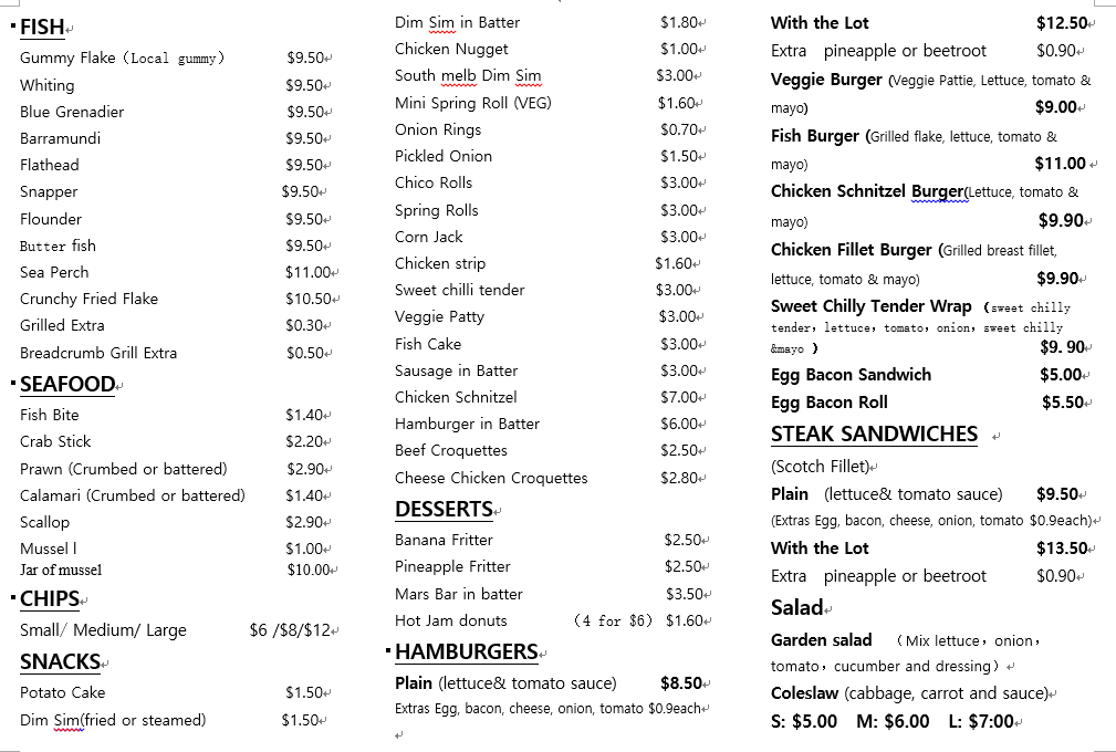 Menu, Upwey Fish & Chips