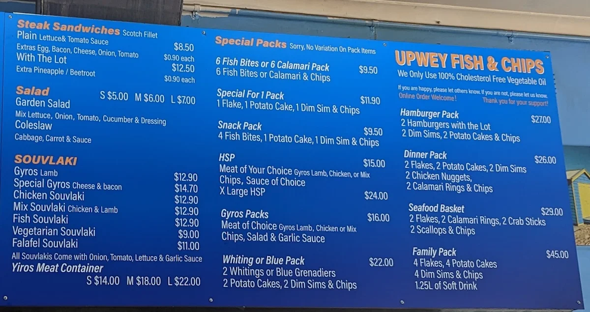Menu, Upwey Fish & Chips