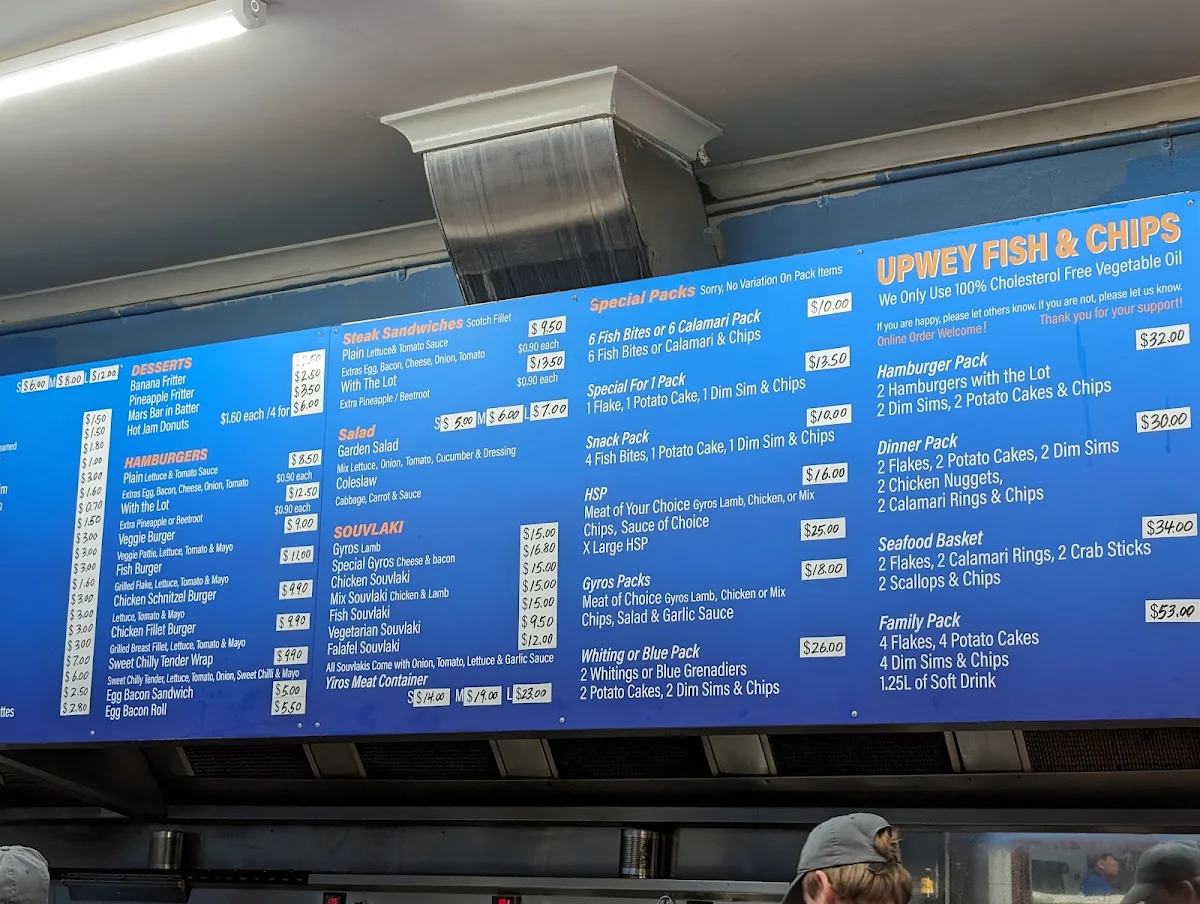 Menu, Upwey Fish & Chips