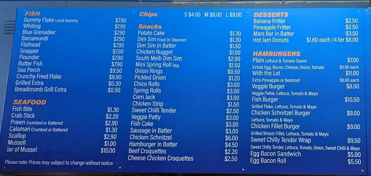 Menu, Upwey Fish & Chips