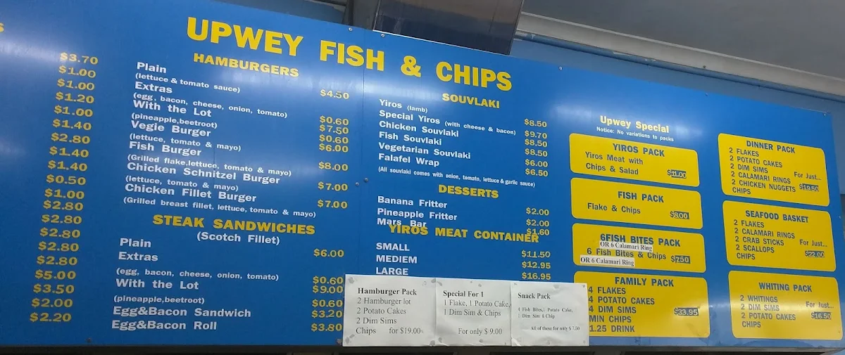 Menu, Upwey Fish & Chips