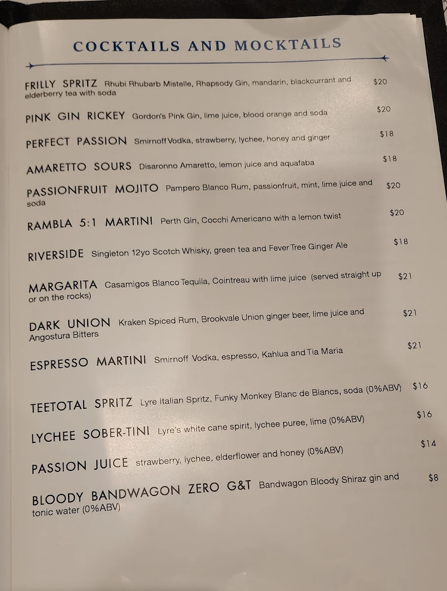 Menu, Rambla On Swan