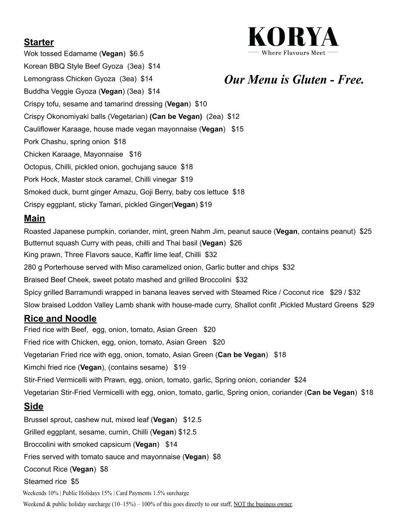 Menu, KORYA
