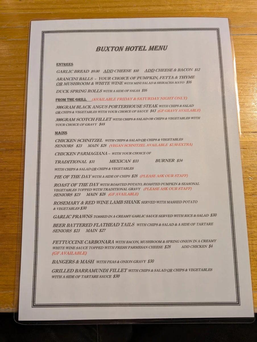 Menu, Bucky Bistro at Buxton Hotel