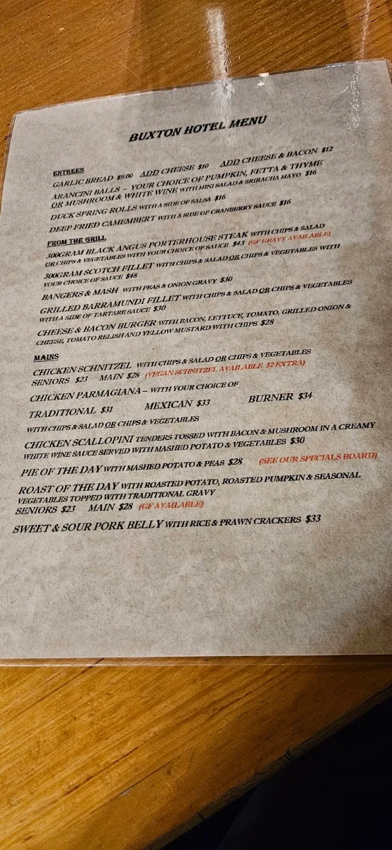 Menu, Bucky Bistro at Buxton Hotel