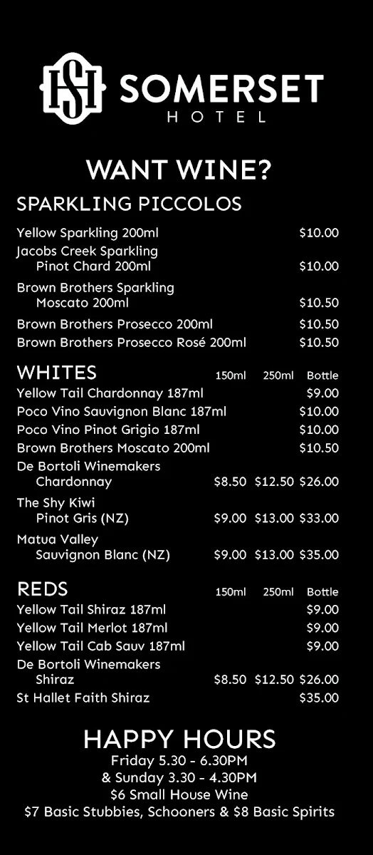 Menu, Somerset Hotel