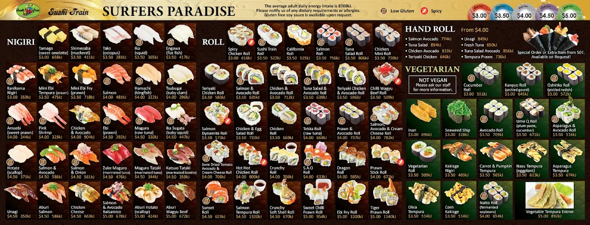 Menu, Sushi Train Surfers Paradise