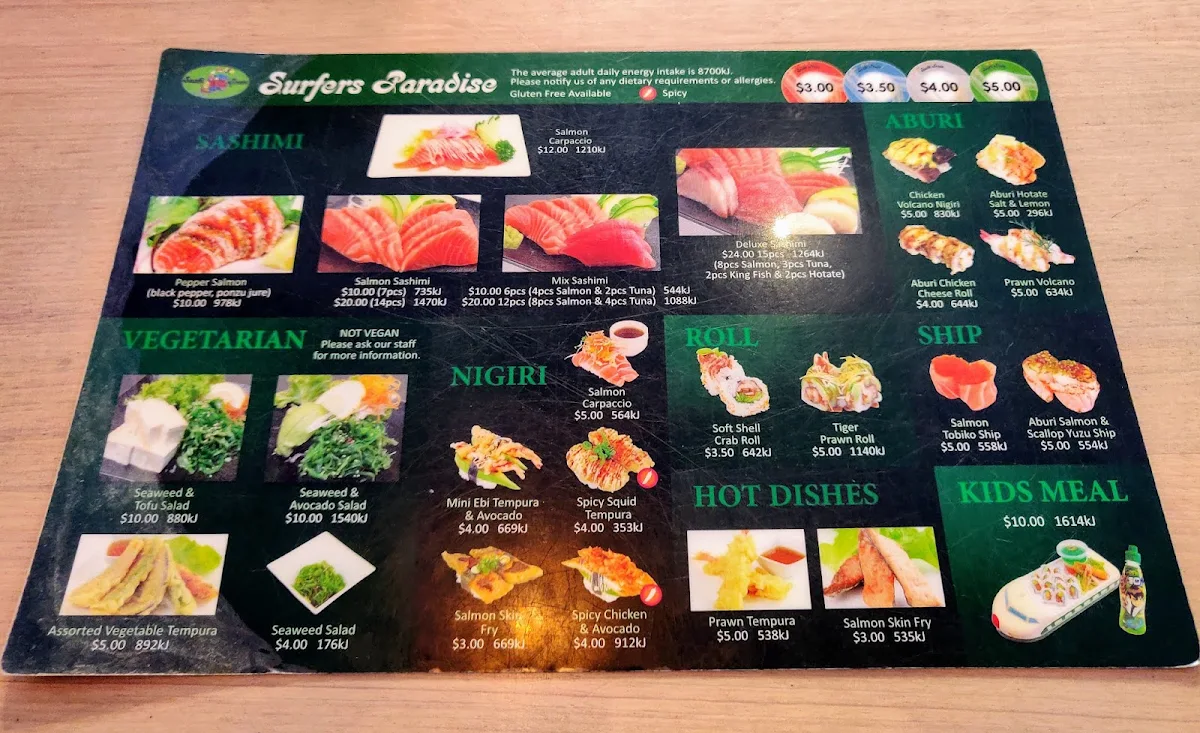 Menu, Sushi Train Surfers Paradise