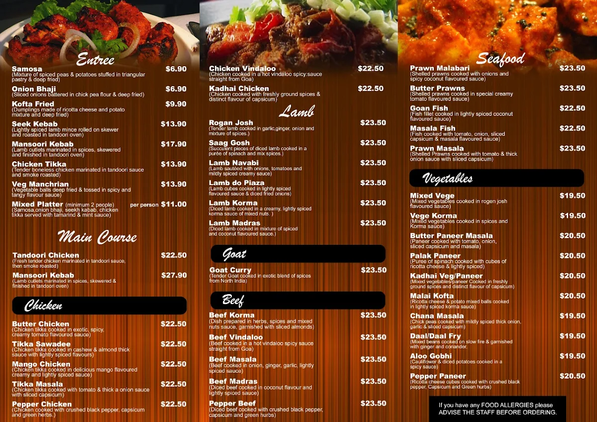 Menu, Masala Indian Cuisine
