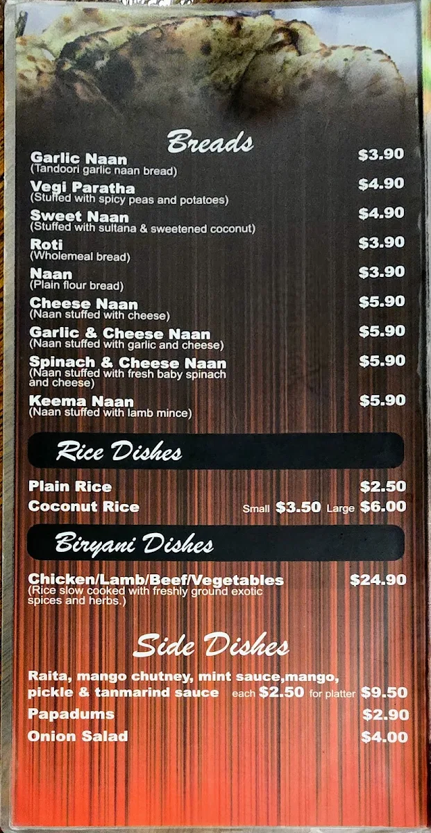 Menu, Masala Indian Cuisine
