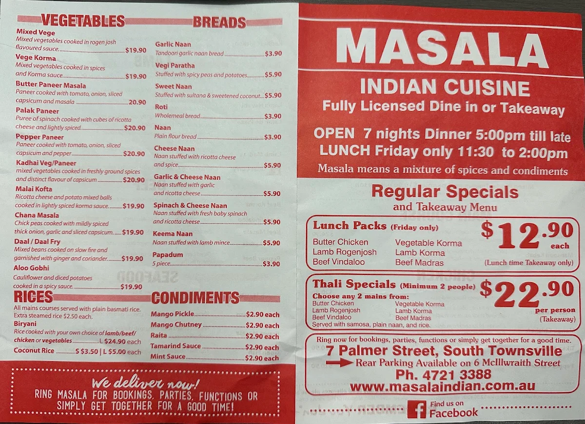 Menu, Masala Indian Cuisine