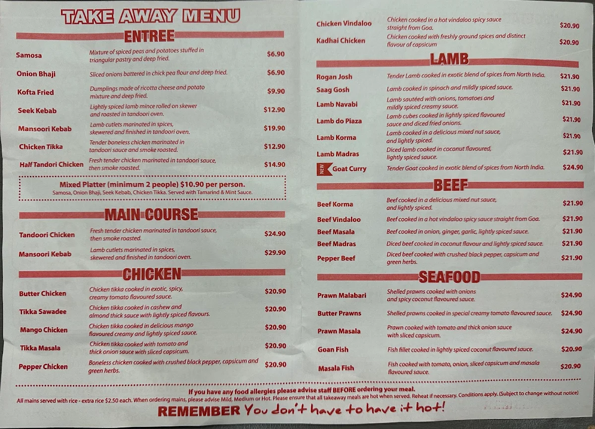Menu, Masala Indian Cuisine