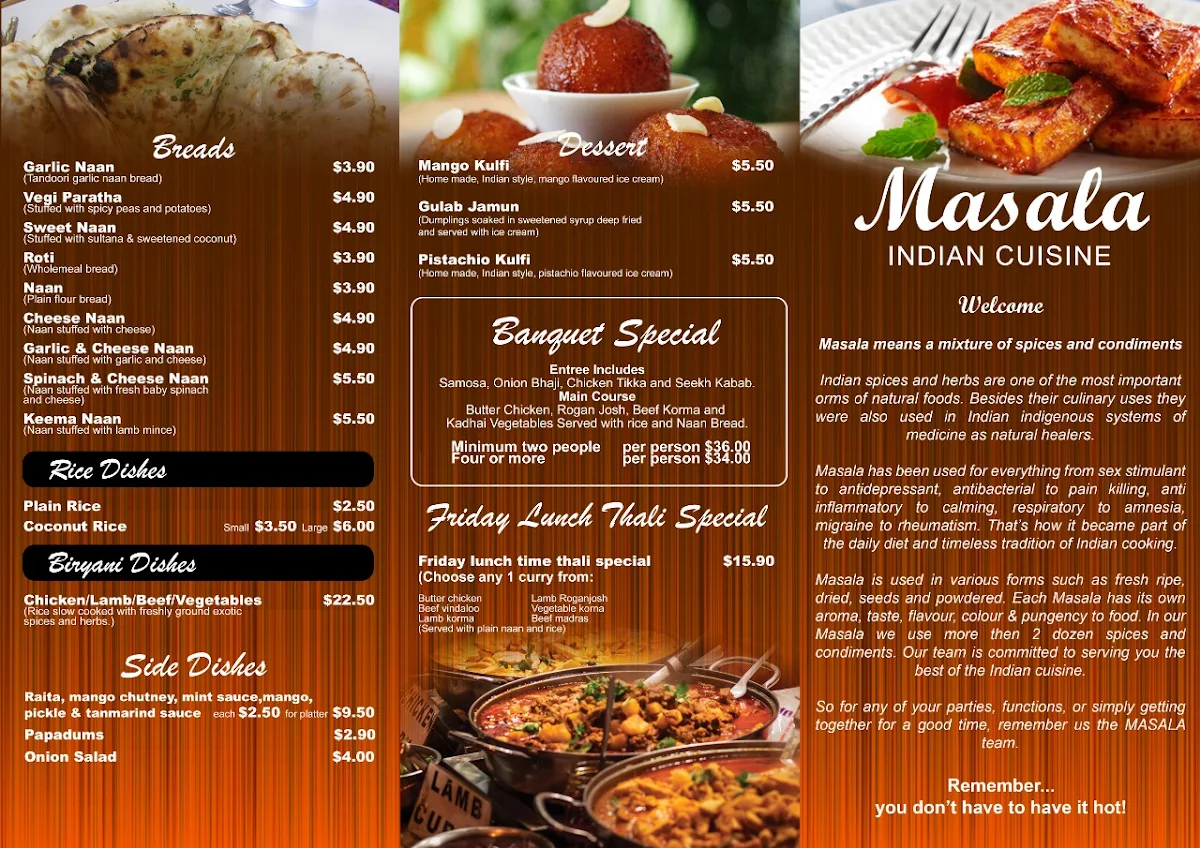 Menu, Masala Indian Cuisine