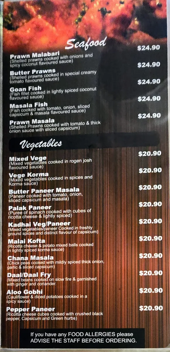 Menu, Masala Indian Cuisine
