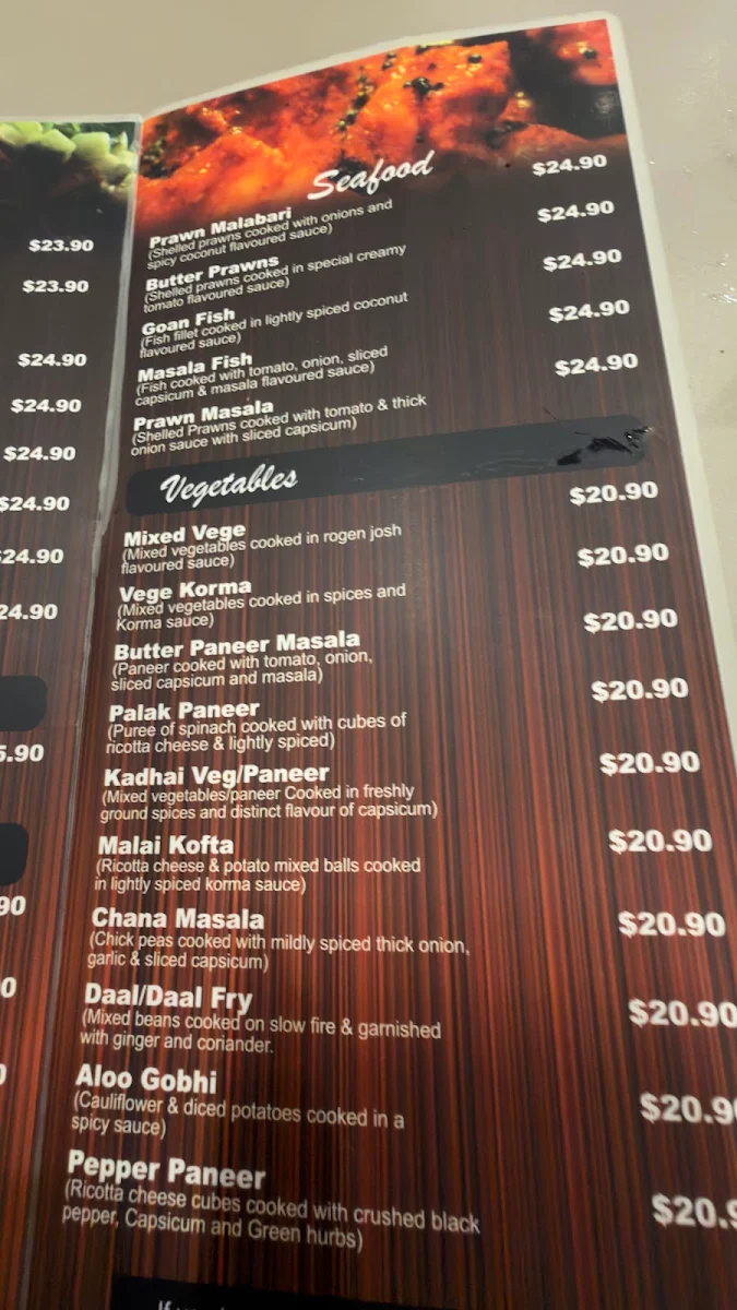 Menu, Masala Indian Cuisine