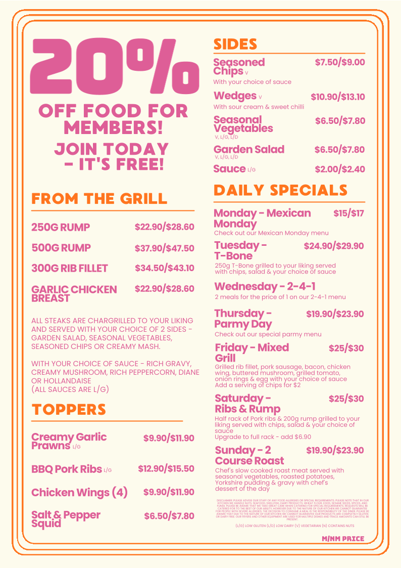 Menu, Falvey's Sundowner Saloon