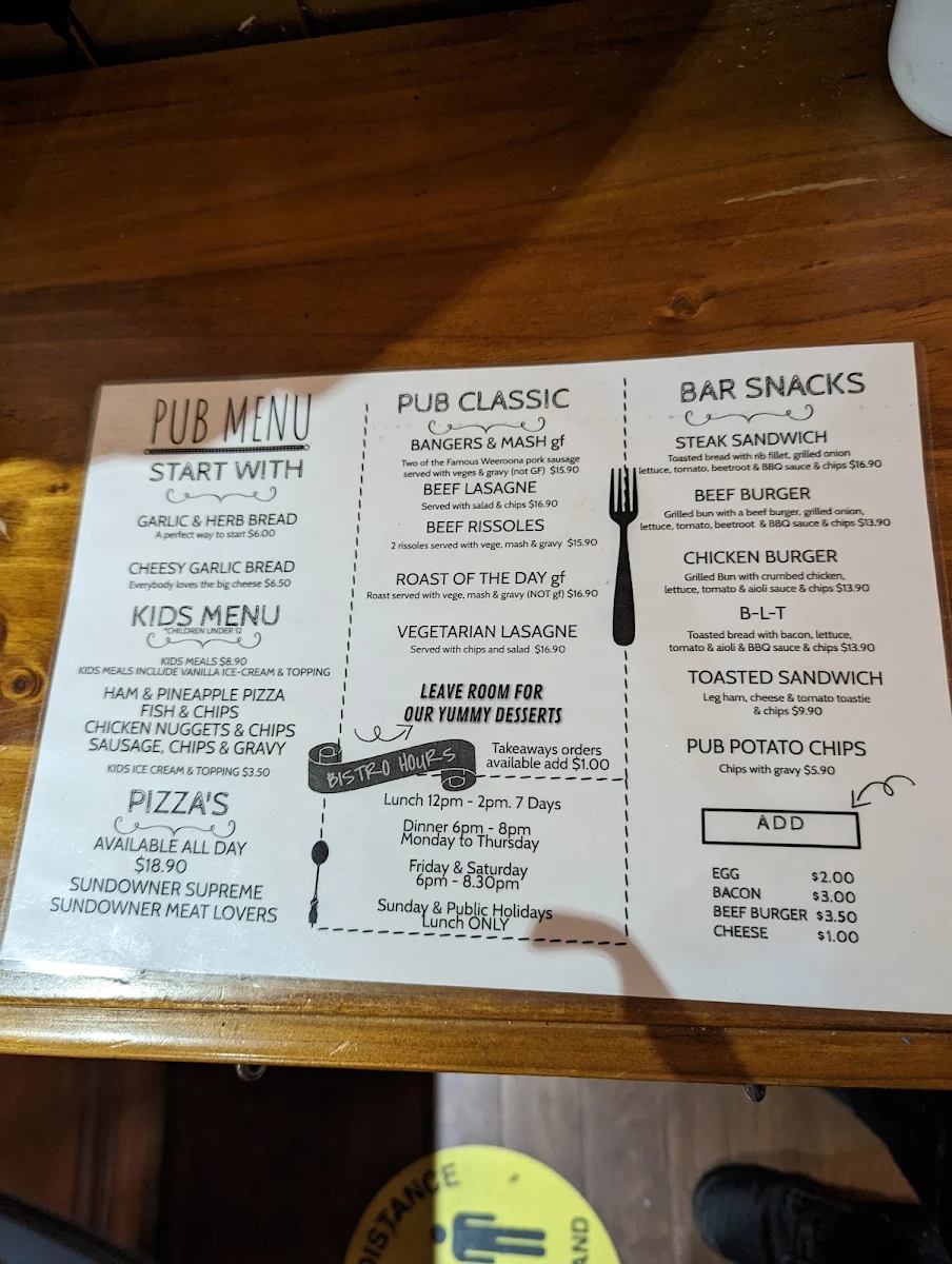 Menu, Falvey's Sundowner Saloon
