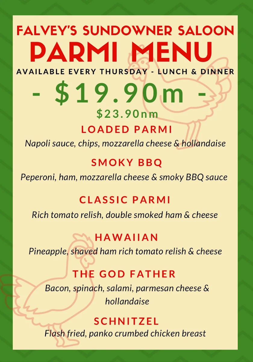 Menu, Falvey's Sundowner Saloon