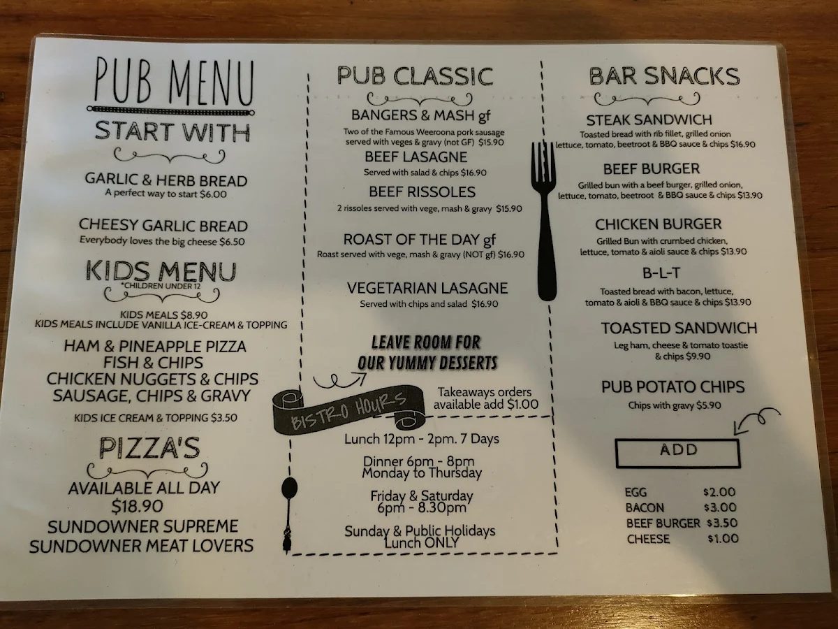 Menu, Falvey's Sundowner Saloon