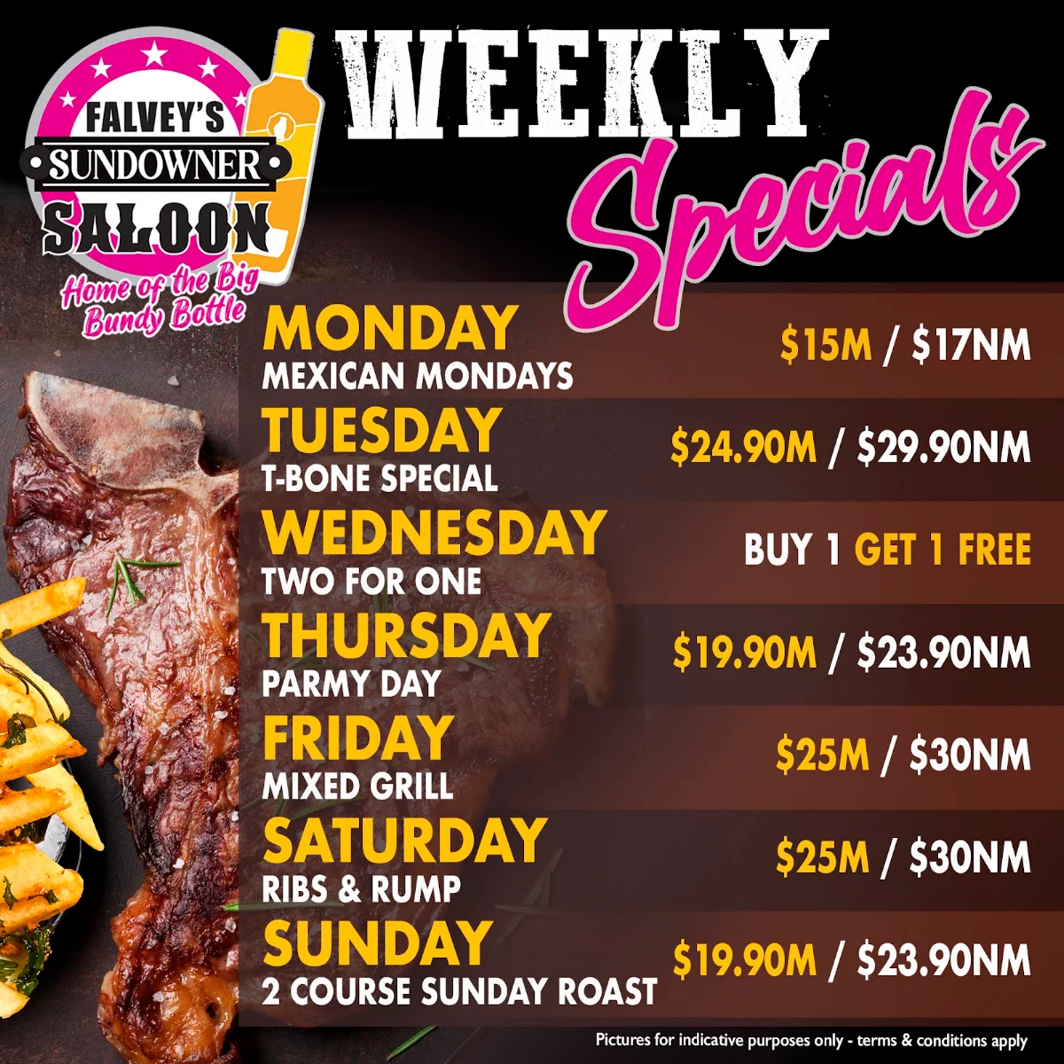 Menu, Falvey's Sundowner Saloon
