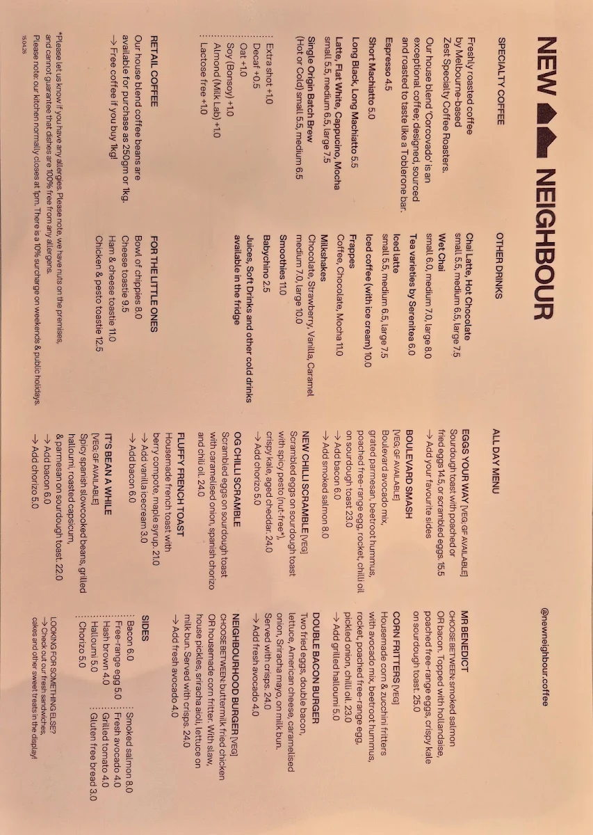 Menu, New Neighbour Coffee