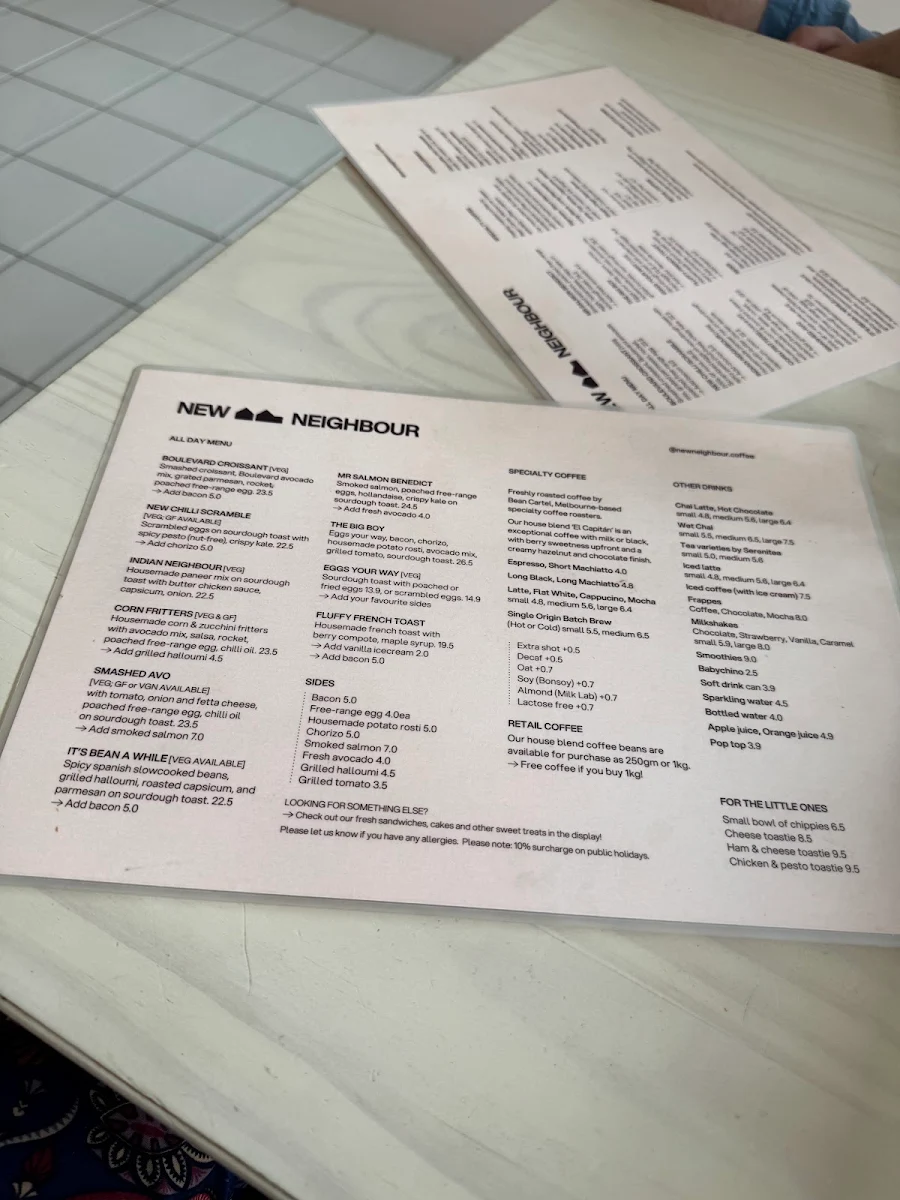 Menu, New Neighbour Coffee