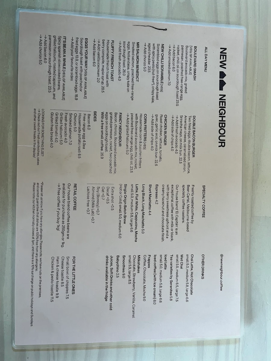 Menu, New Neighbour Coffee