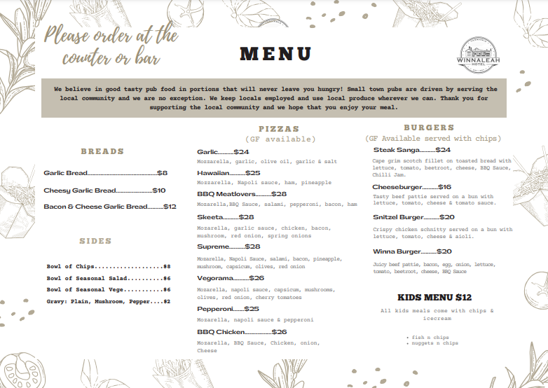 Menu, Winnaleah Hotel