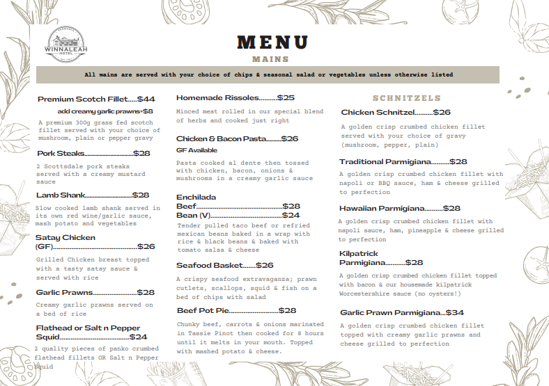Menu, Winnaleah Hotel