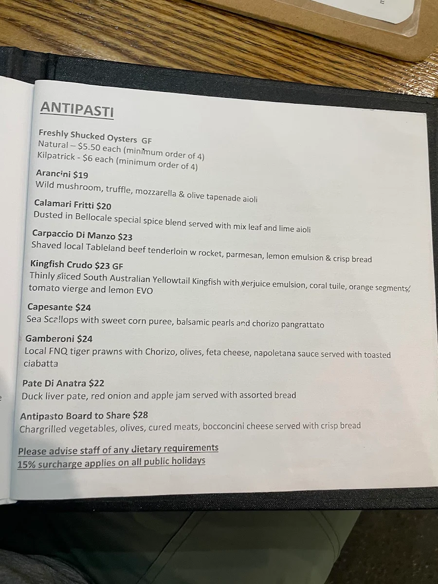 Menu, Bellocale Italian Seafood Restaurant