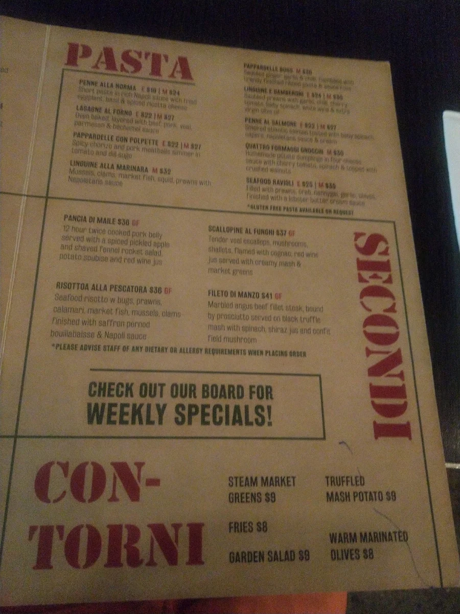 Menu, Bellocale Italian Seafood Restaurant