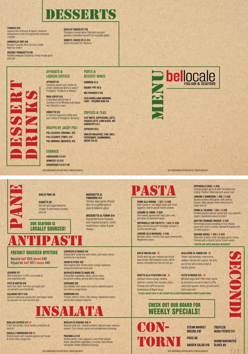 Menu, Bellocale Italian Seafood Restaurant